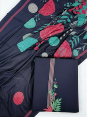 Unstitched- Navy Blue Pashmina Suit- Embroidered Neckline with Printed Dupatta
