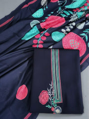 Navy Blue Pashmina Winter Suit – Contrast Embroidered Neckline with Printed Dupatta