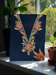 Navy Blue Pashmina Unstitched Suit for Winter – Embroidered Neckline & Printed Dupatta