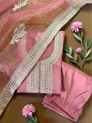 Elegant Rose Pink Embroidered Silk Kurta Set with Dupatta