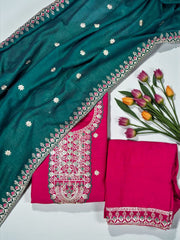 Rani Pink Vichitra Silk Embroidered Kurta Set with Contrast Green Silk Dupatta