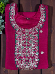 Rani Pink Vichitra Silk Embroidered Kurta Set with Contrast Green Silk Dupatta