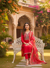 Premium Silk Embroidered Kurta Set with Printed Dupatta – Festive Red