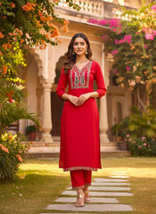Premium Silk Embroidered Kurta Set with Printed Dupatta – Festive Red