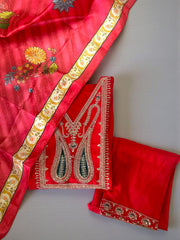 Premium Silk Embroidered Kurta Set with Printed Dupatta – Festive Red