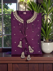 Purple Roman Silk Embroidered Kurta Set with Silk Dupatta