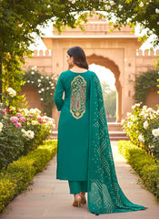 Designer Emerald Green Silk Embroidered Suit Set with Printed Silk Dupatta