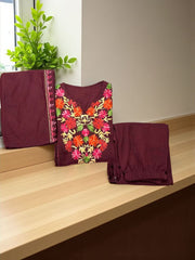 Fully Stitched Premium Woolen Kashmiri Embroidery Kurta Set with Shawl – Maroon