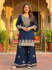 Navy Blue Embroidered Kurta Set with Divider