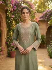 Olive Green Embroidered Silk Blend Kurta Palazzo Set with Dupatta