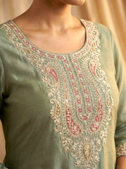 Olive Green Embroidered Silk Blend Kurta Palazzo Set with Dupatta