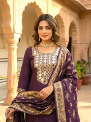 Royal Purple Mirror work Kurta Set with Banarasi Dupatta