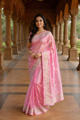 Elegant Pink Organza Embroidered Saree
