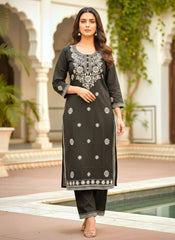 Classic Grey Embroidered Rayon Kurta Set with Dupatta