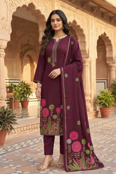 Unstitched Wine Pashmina Unstitched Suit for Winter – Embroidered Neckline & Printed Dupatta