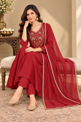Elegant Rust Red Mul Chanderi Embroidered A-Line Kurta Set with Dupatta