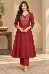 Elegant Rust Red Mul Chanderi Embroidered A-Line Kurta Set with Dupatta