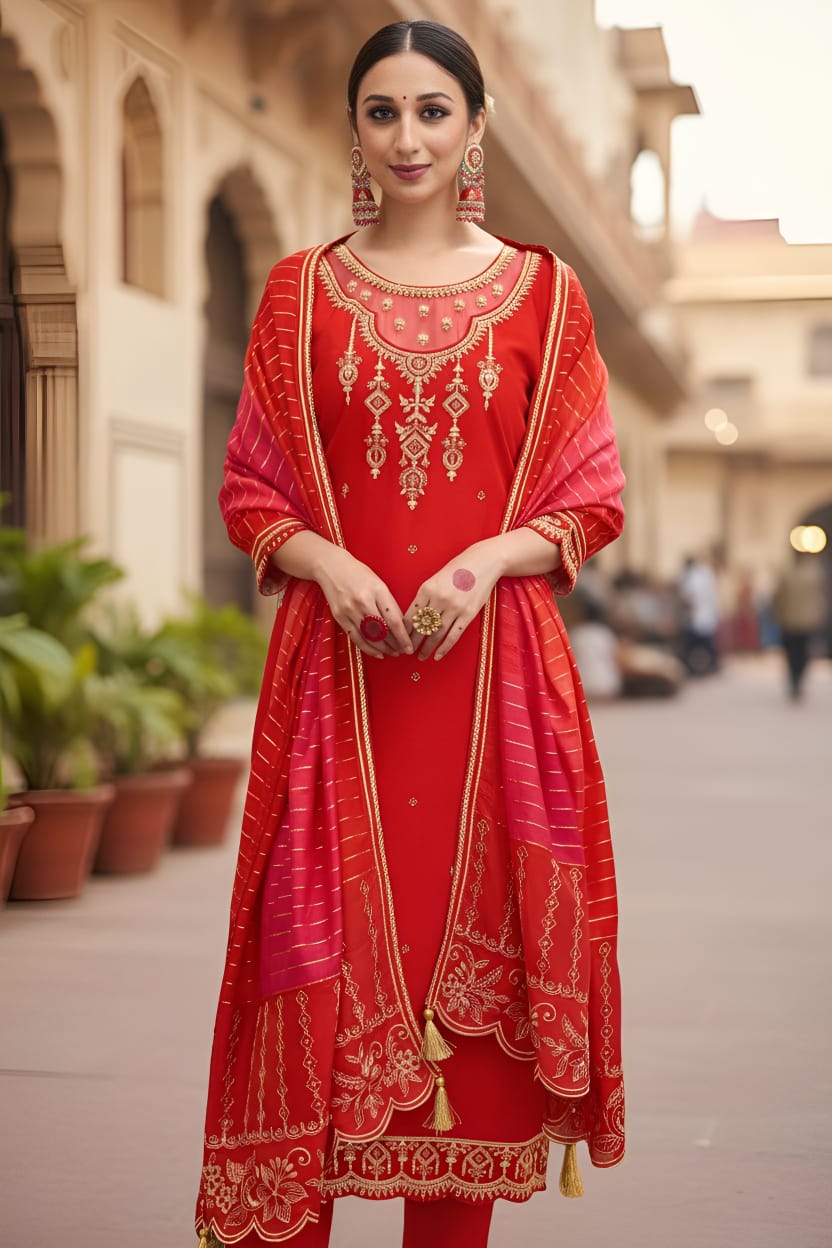 Heavily Embroidered Silk Suit Set with Dupatta