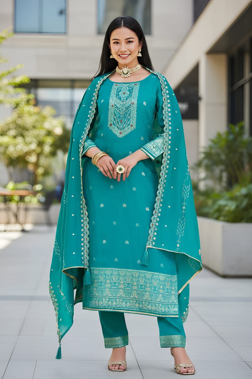 Pure Dola Russian Jacqard with Khatli Handwork Suit Set and Chanderi Silk Heavy Dupatta