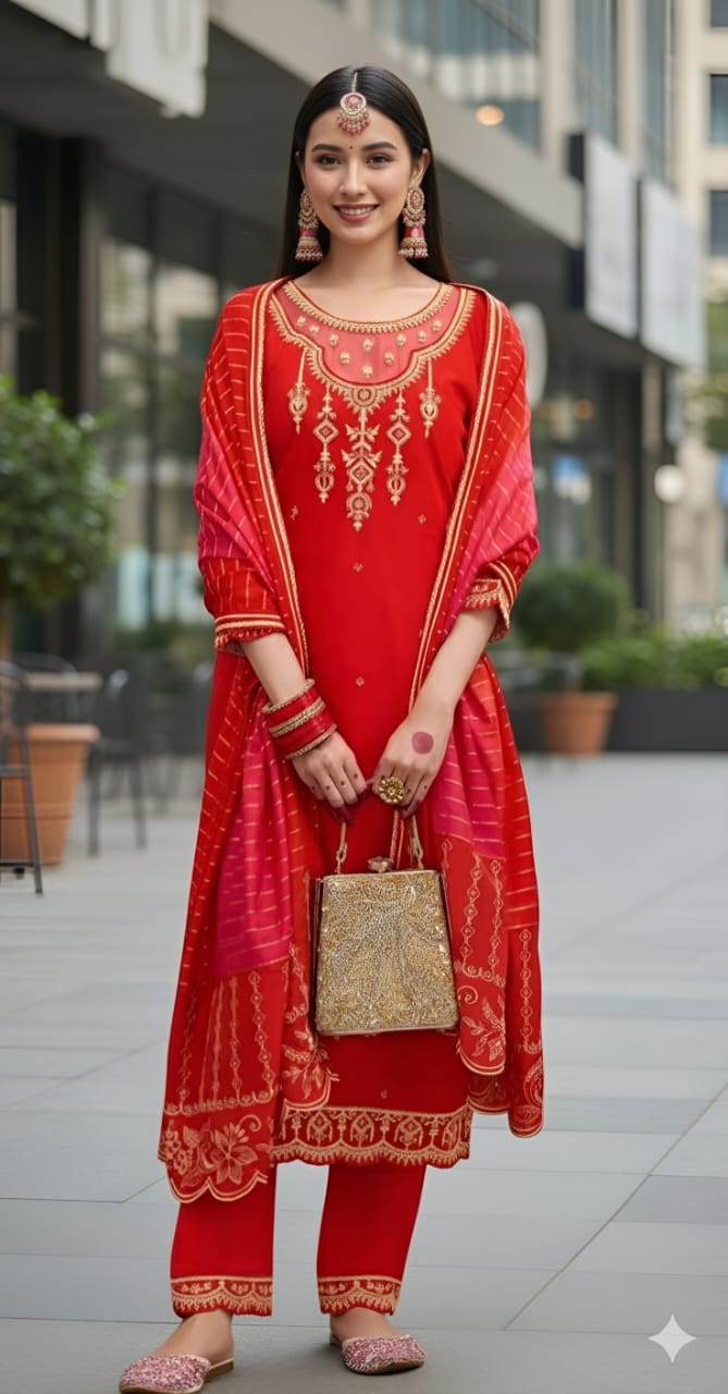 Heavily Embroidered Silk Suit Set with Dupatta