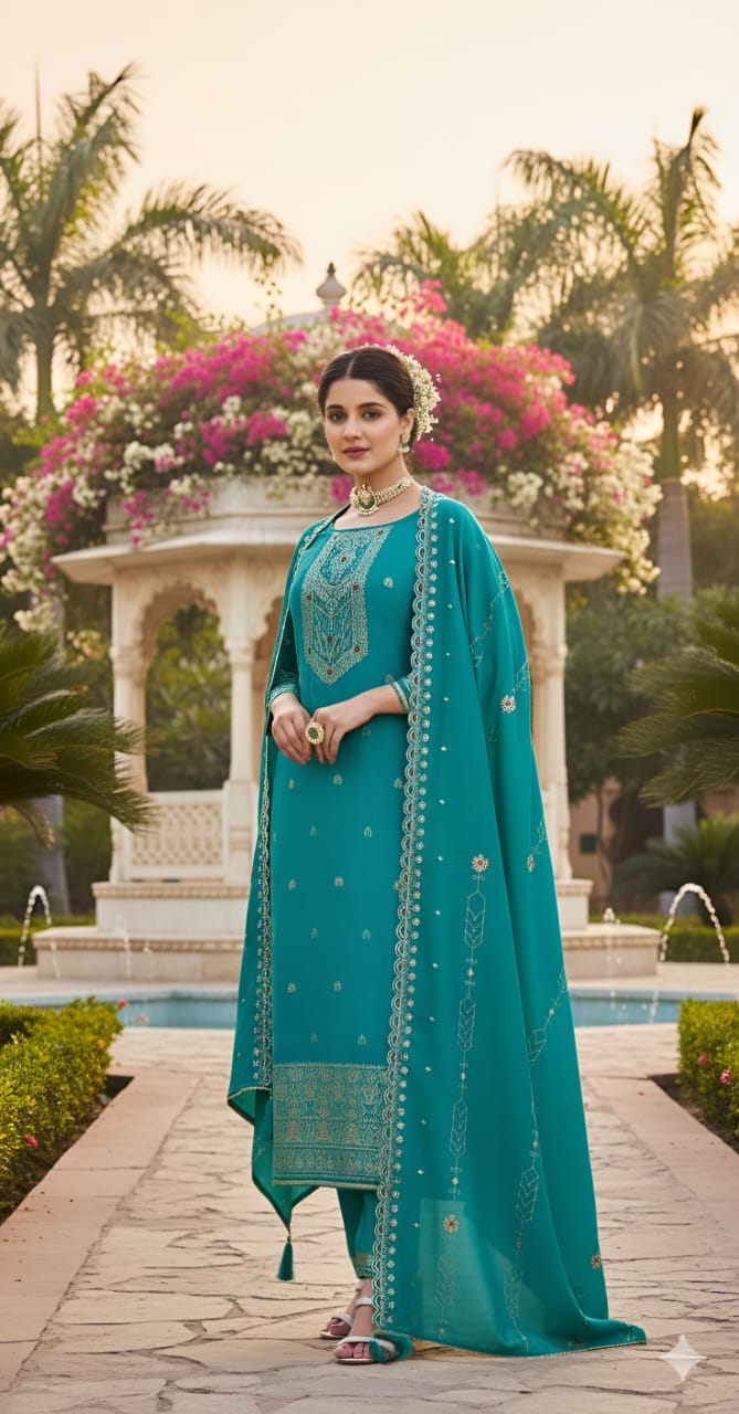 Pure Dola Russian Jacqard with Khatli Handwork Suit Set and Chanderi Silk Heavy Dupatta