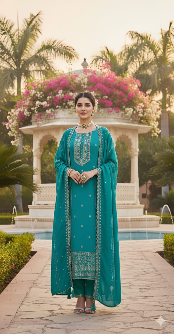 Pure Dola Russian Jacqard with Khatli Handwork Suit Set and Chanderi Silk Heavy Dupatta