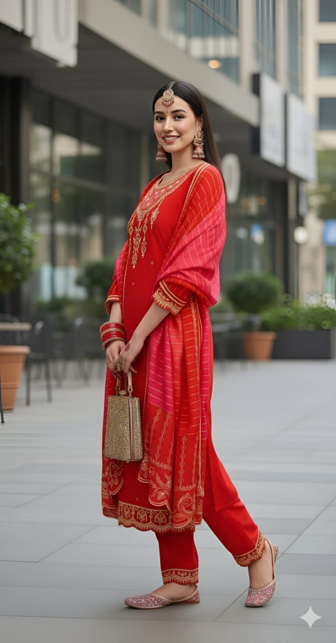 Heavily Embroidered Silk Suit Set with Dupatta