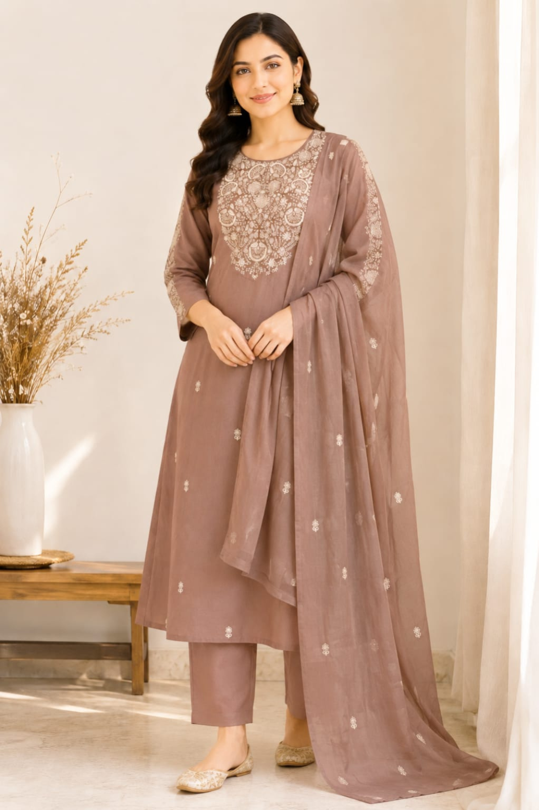 Elegant Mocha Taupe A Line Mul Chanderi Embroidered Kurta Set with Dupatta