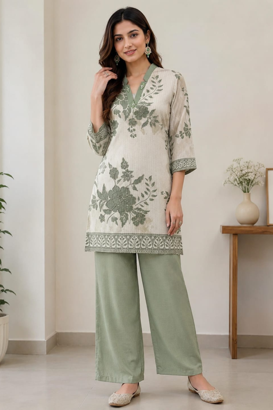 Sage Green Cotton Co-ord Set with embroidery