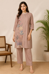Elegant Beige Mul Chanderi Embroidered Co-ord Set