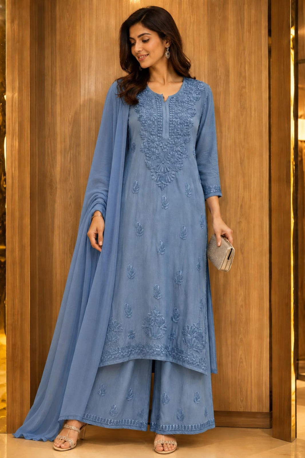 Powder Blue Handwork Chikankari Kurta Set with Chiffon Dupatta