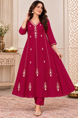Beautiful Wine Pink Embroidered Mul Chanderi Anarkali Suit Set
