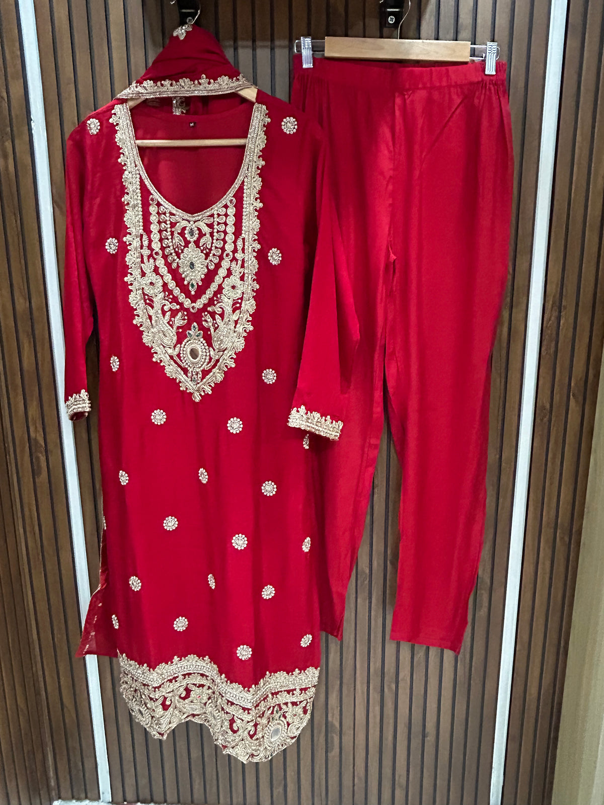 Beautiful Red Chinon Embroidered Kurta Set