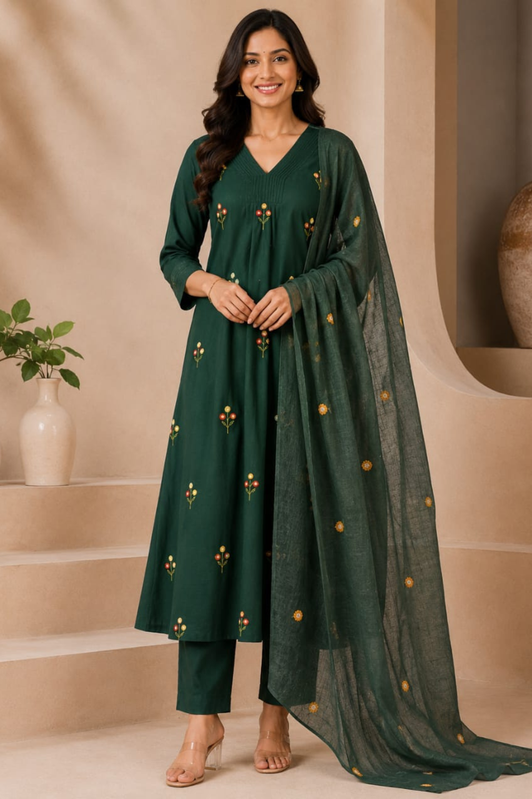 Emerald Green Cotton Embroidered A-Line Long Kurta Set with Dupatta