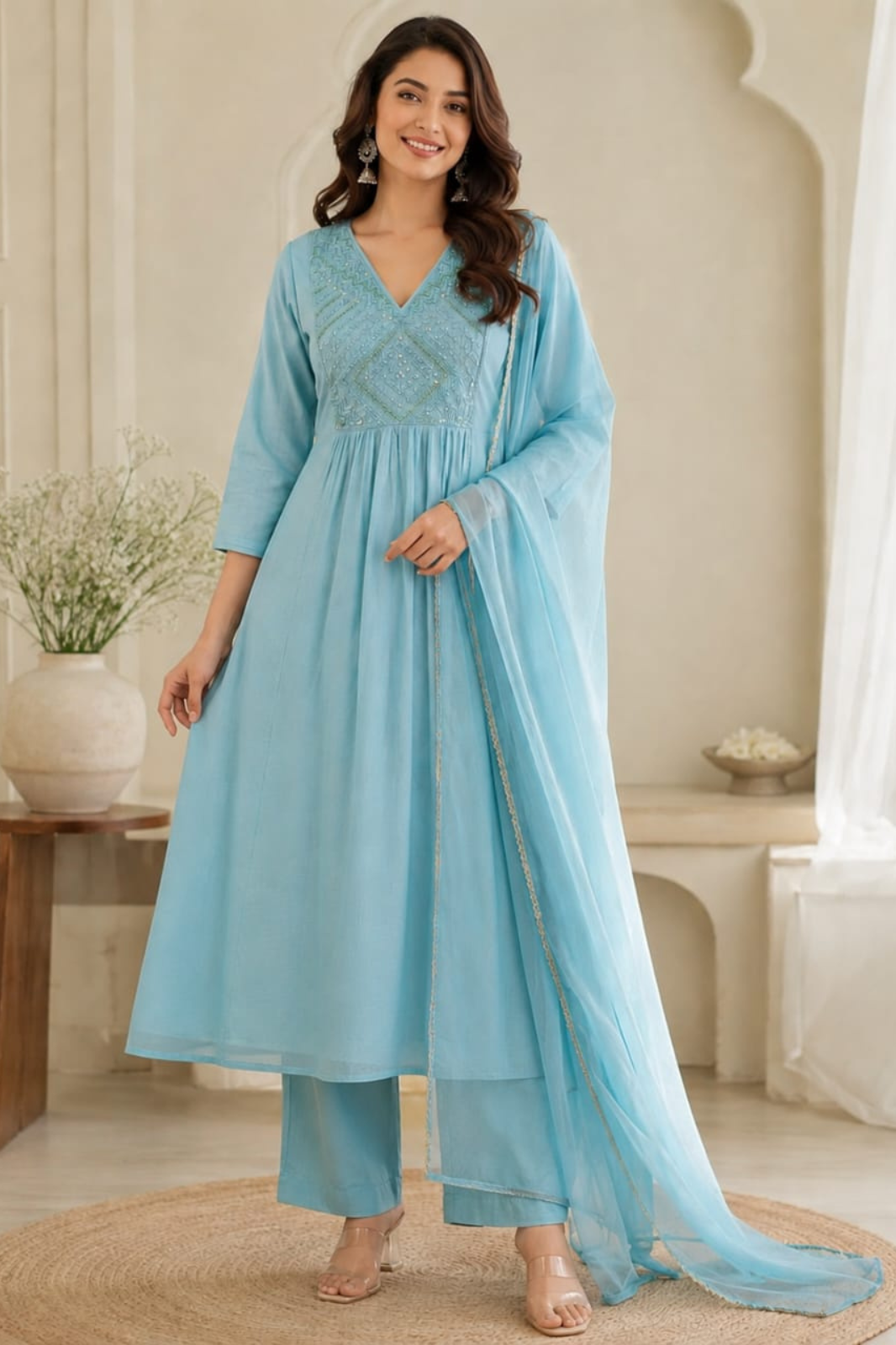 Beautiful Sky Blue Mul Chanderi A-Line Kurta Set with Dupatta