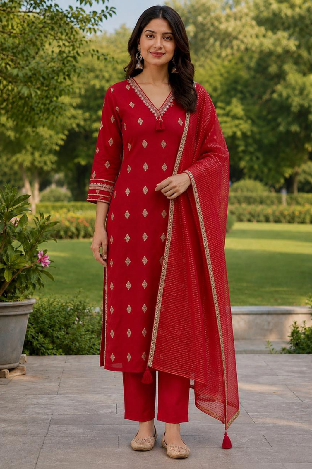 Elegant Red Dola Silk Embroidered Kurta Set with Dupatta