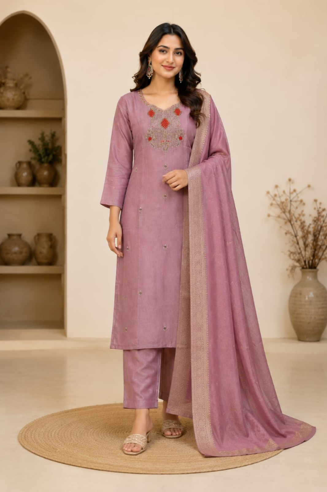 Elegant Mauve Shimmer Embroidered Kurta Set with Dupatta