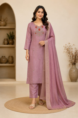 Elegant Mauve Shimmer Embroidered Kurta Set with Dupatta