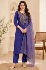 Royal Blue Dola Silk Embroidered Kurta Set with Dupatta