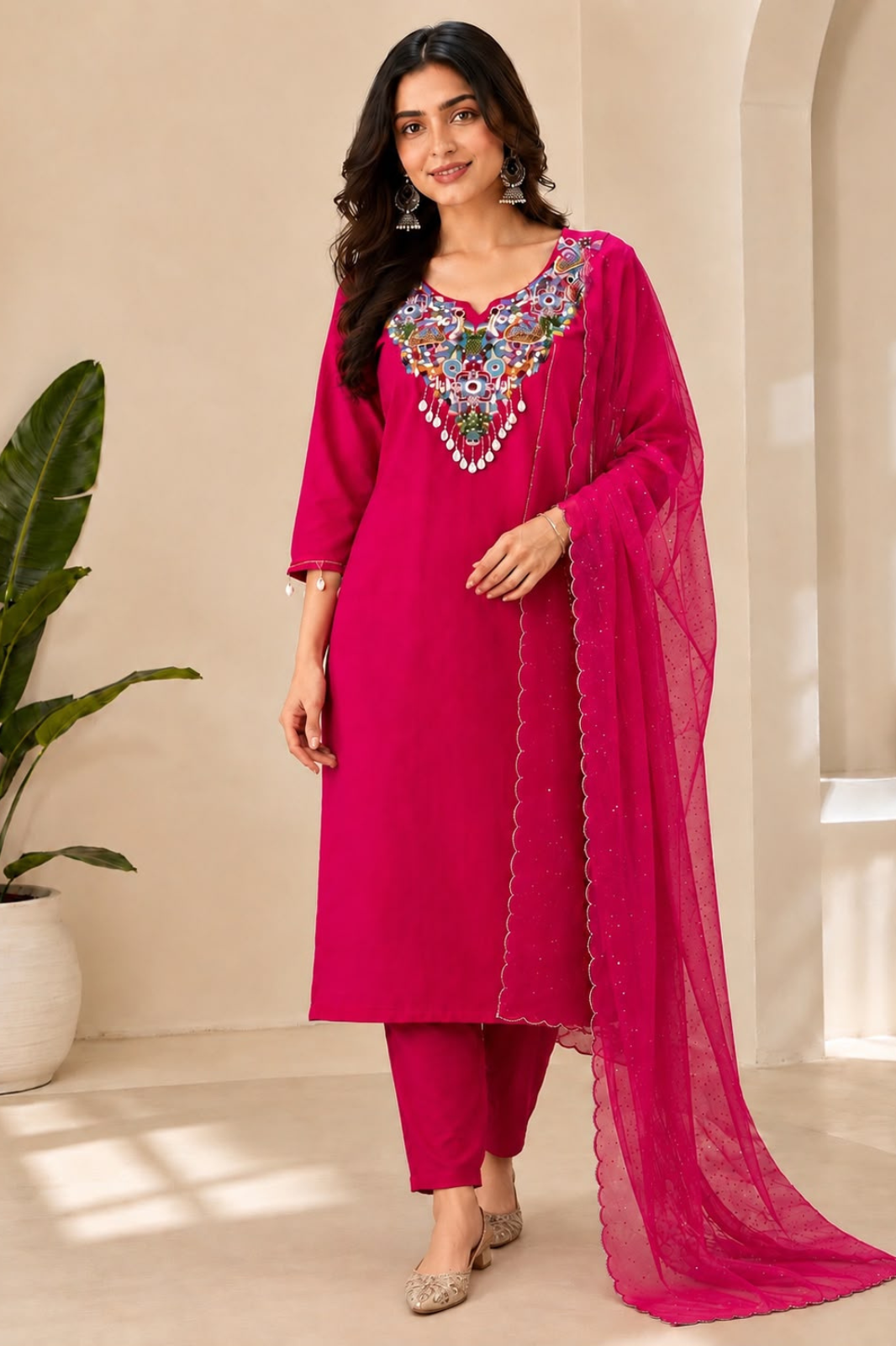 Elegant Fuchsia Dola Silk Embroidered Kurta Set