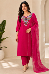 Elegant Fuchsia Dola Silk Embroidered Kurta Set
