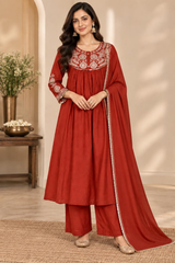 Beautiful Rust Mul Chanderi Embroidered Anarkali Suit Set