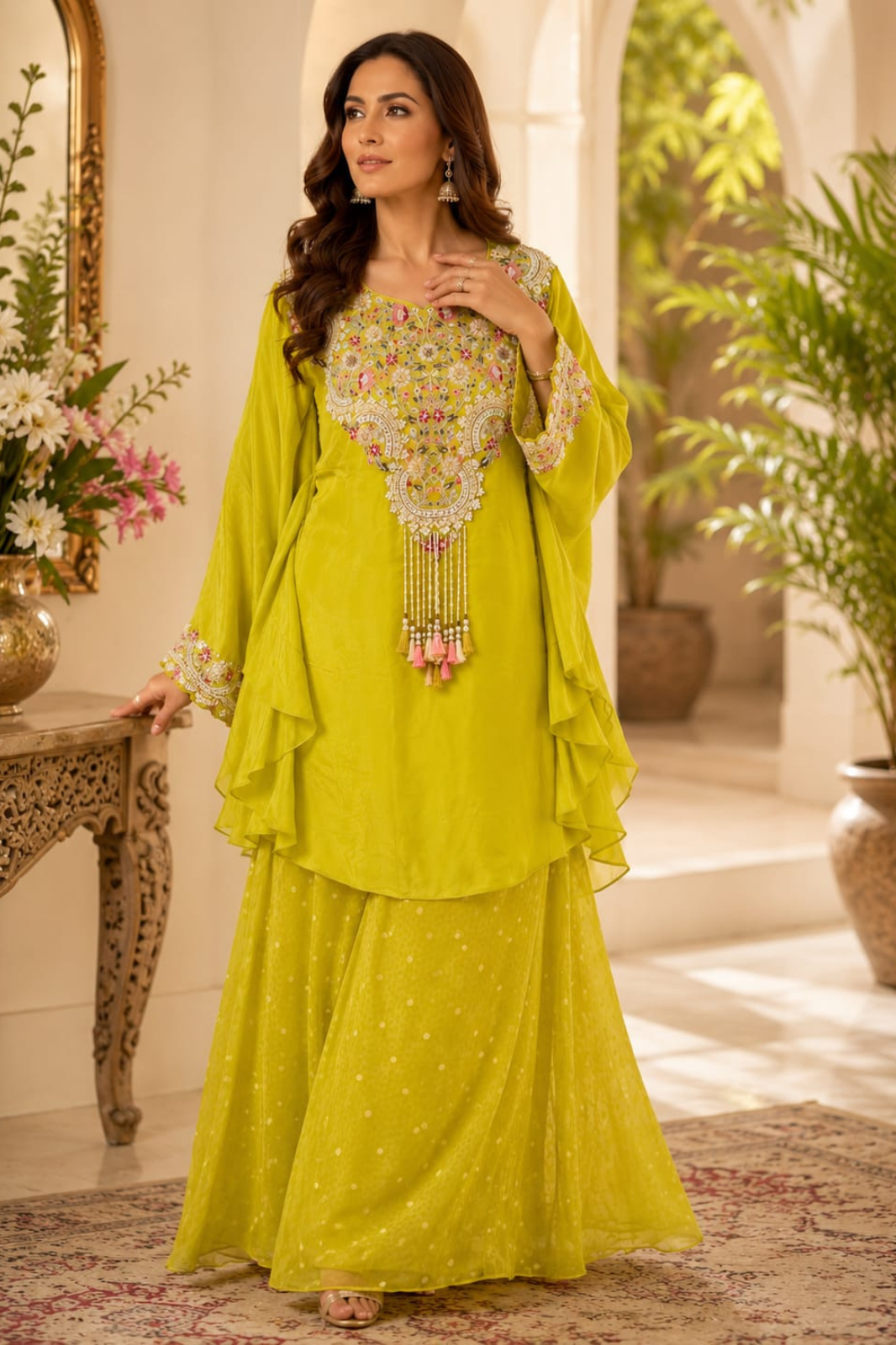 Gorgeous Lime Green Pure Crepe Embroidered Kaftan with Palazzo Set
