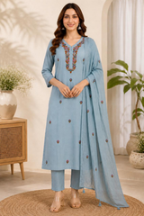 Graceful Sky Blue Cotton Embroidered Kurta Set with Dupatta