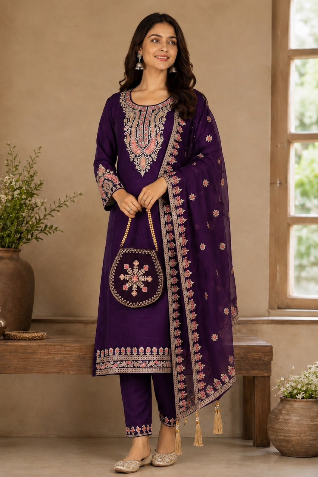 Royal Purple Vichitra Silk Kurta Set with Embroidered Dupatta & Potli Bag