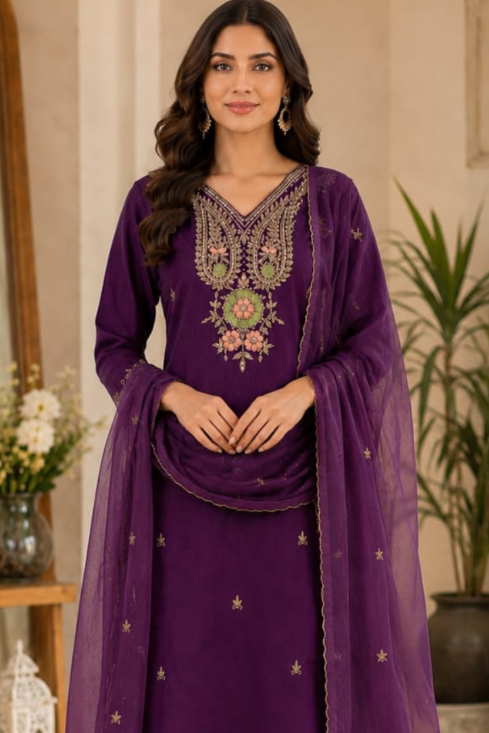 Royal Purple Dola Silk Embroidered Kurta Set with Dupatta