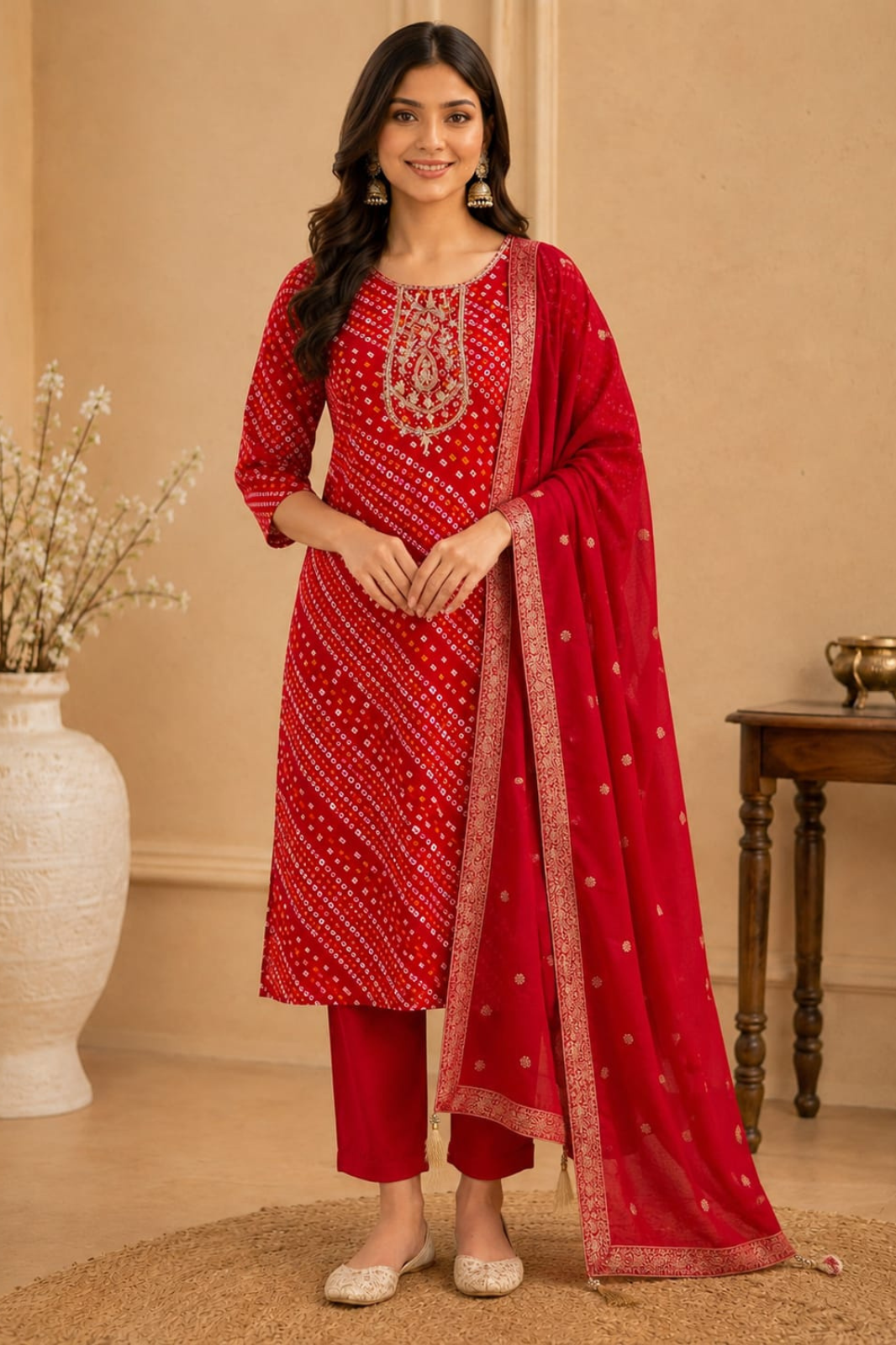 Elegant Red Bandhani Print Rayon Kurta Set with Embroidered Neckline & Dupatta