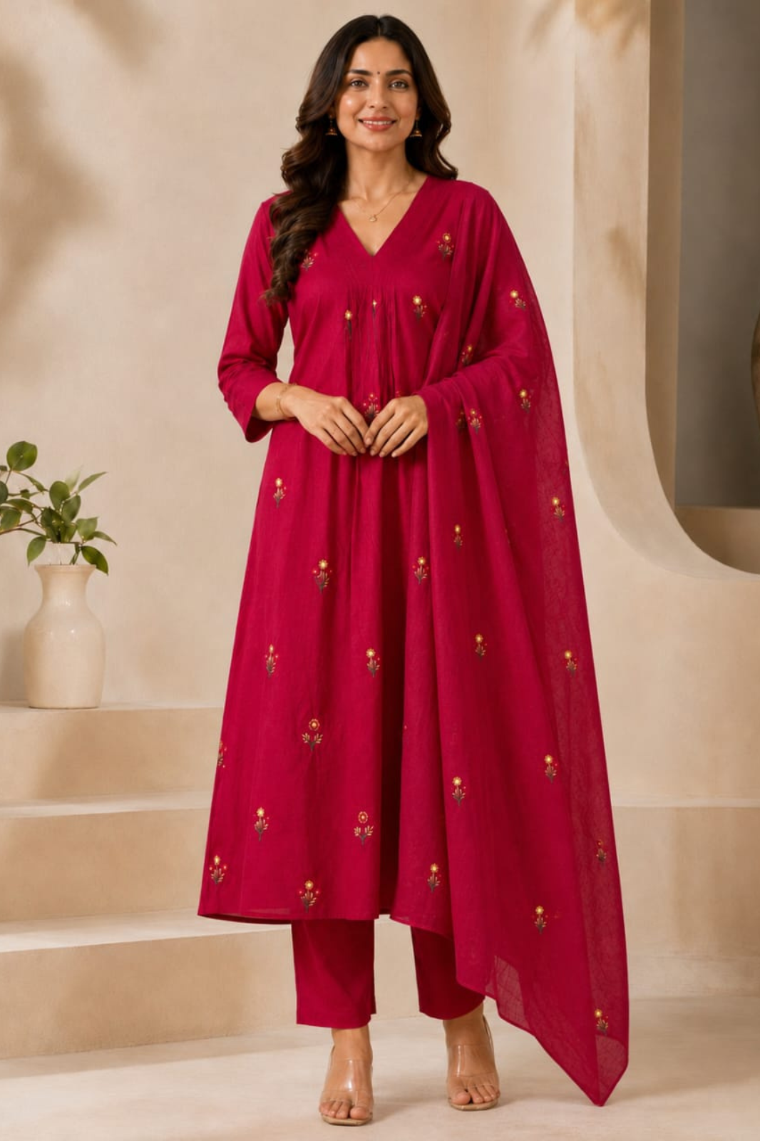 Rani Pink Cotton Embroidered A-Line Kurta Set with Dupatta