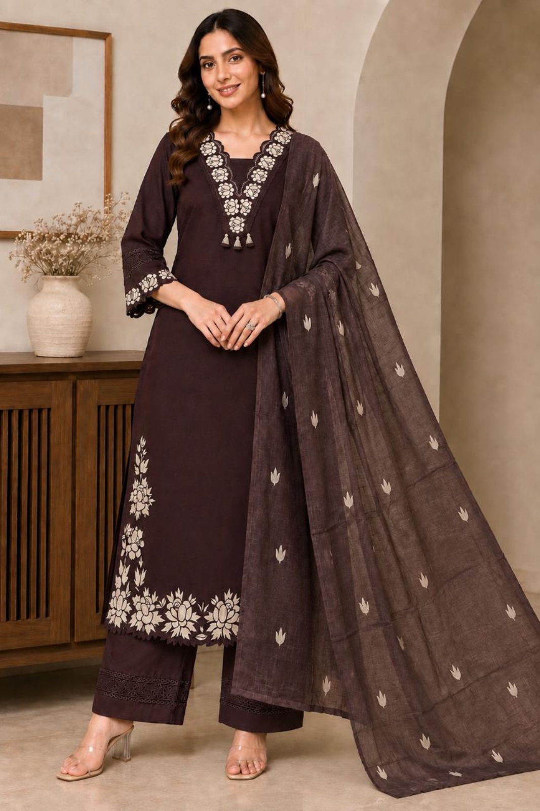 Classic Chocolate Brown Cotton Cut Work Kurta Set with Dupatta