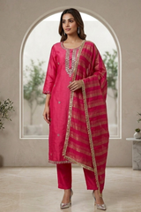 Beautiful Pink Shimmer Embroidered Kurta Set with Dupatta